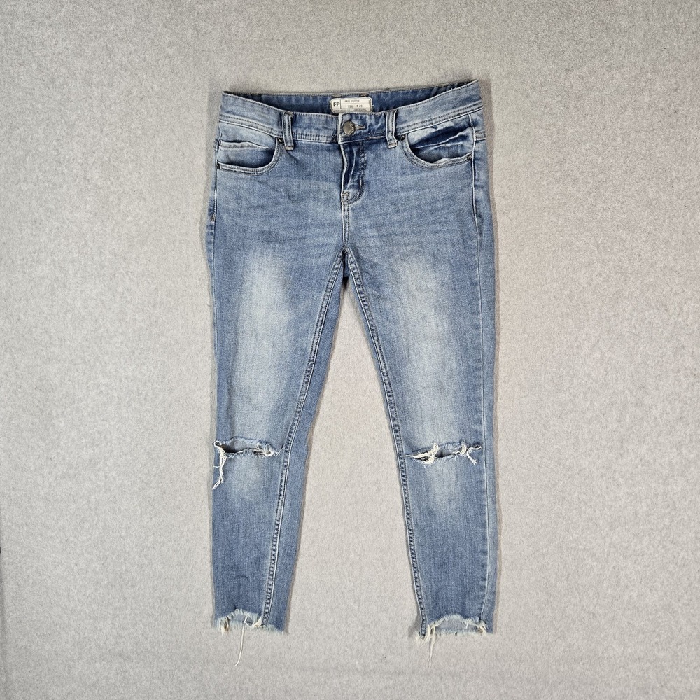 Free People Women Jeans W 26 Light Blue Denim Distressed Raw Hem Ankle Skinny
